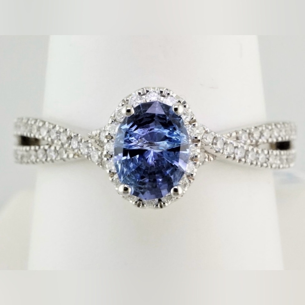 14k white gold natural tanzanite and natural diamond ring by designer Neil Lane